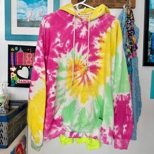 Epic neon pink green and yellow tie-dye hoodie with a retro vibe